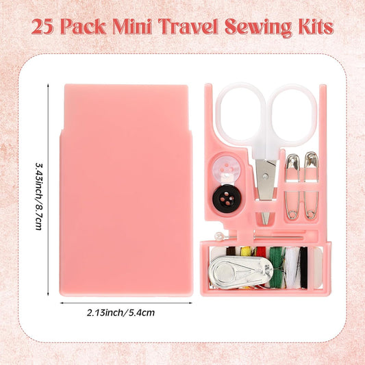 25 Boxes Mini Sewing Kit, Small Travel Kit with Scissor, Pink