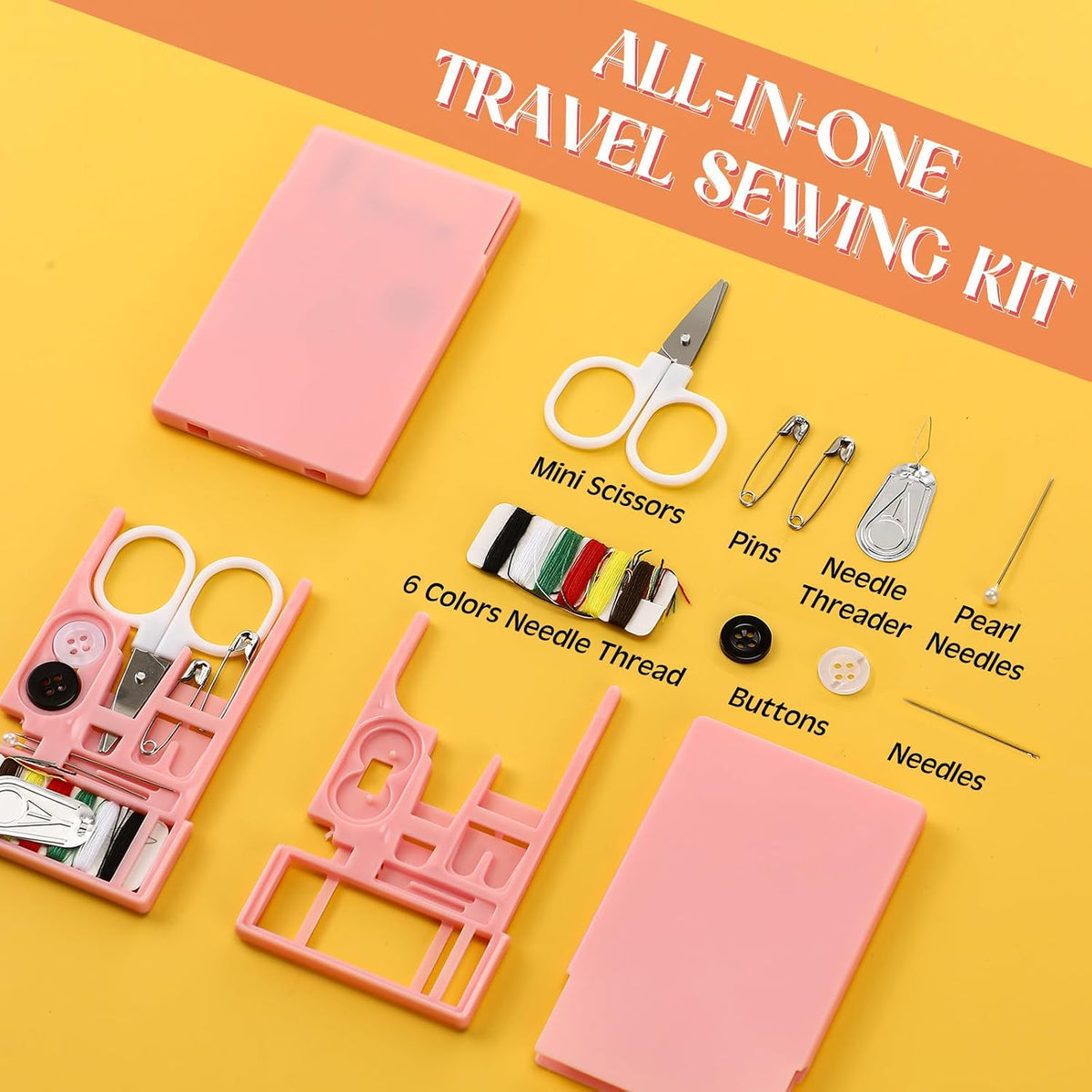25 Boxes Mini Sewing Kit, Small Travel Kit with Scissor, Pink