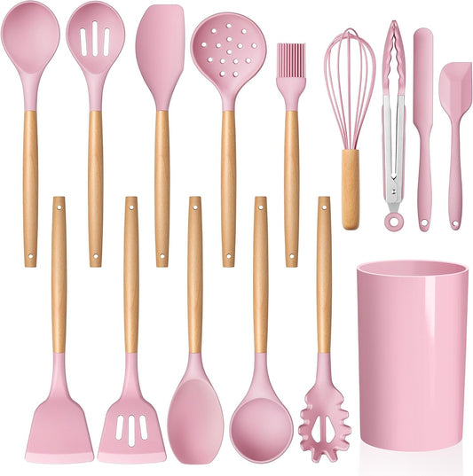 Silicone Kitchen Utensils Set, 15-Piece Heat Resistant Cooking Utensils with Holder, Cooking Kitchen Gadgets Tools for Nonstick Cookware, Wooden Handle, Pink