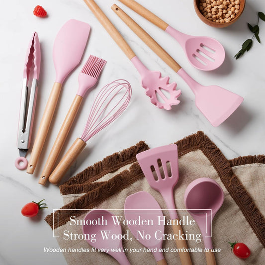 Silicone Kitchen Utensils Set, 15-Piece Heat Resistant Cooking Utensils with Holder, Cooking Kitchen Gadgets Tools for Nonstick Cookware, Wooden Handle, Pink