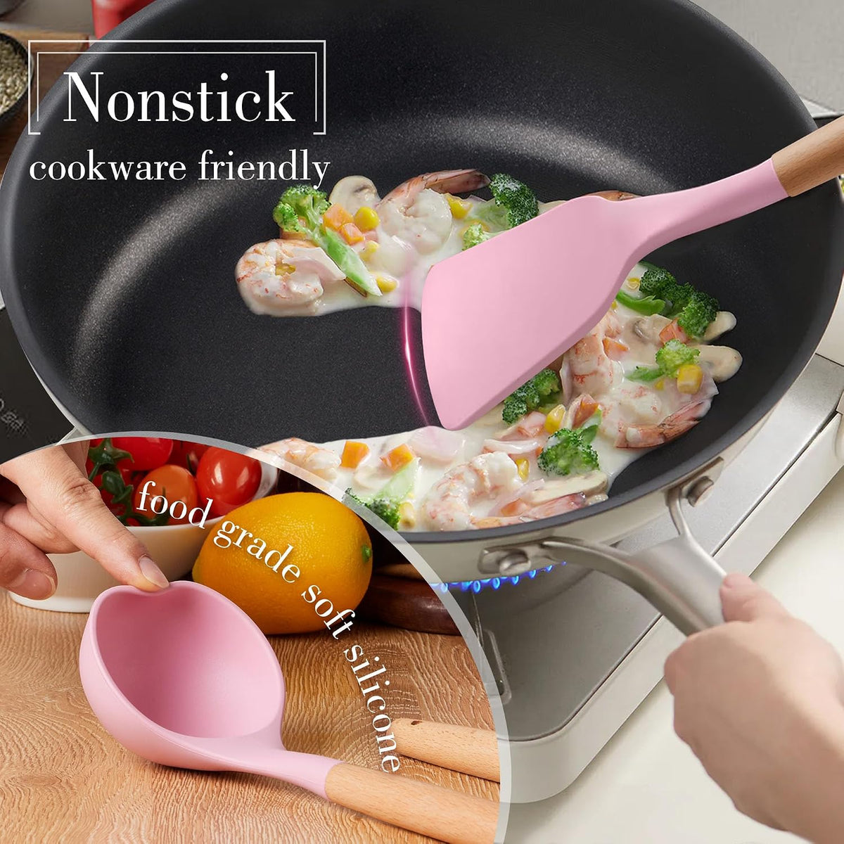 Silicone Kitchen Utensils Set, 15-Piece Heat Resistant Cooking Utensils with Holder, Cooking Kitchen Gadgets Tools for Nonstick Cookware, Wooden Handle, Pink