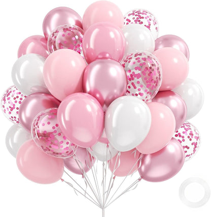 12inch Light Pink and White Balloons with Pearl Baby Pink Confetti Balloons