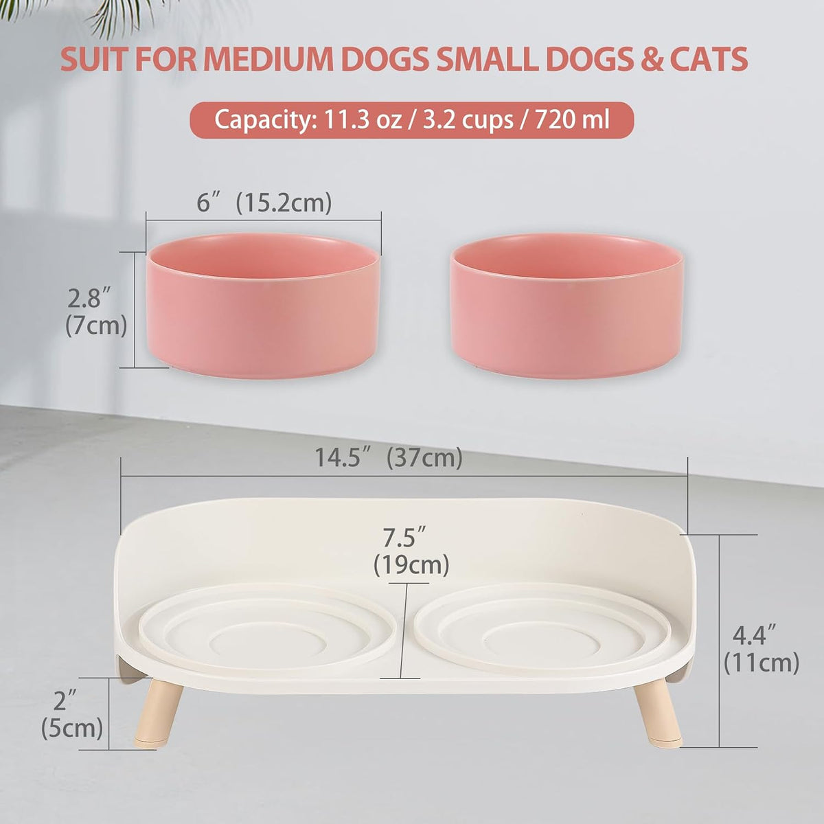 Elevated Ceramic Dog Bowl Set - Double Dog Feeding Bowls with Stand Splash Proof - Raised Dishes for Food and Water - Ideal for Small to Medium Dogs - 2 x 720 ml - 11.3 oz - Pink