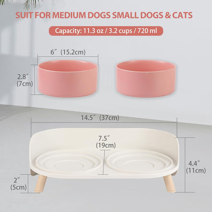 Elevated Ceramic Dog Bowl Set - Double Dog Feeding Bowls with Stand Splash Proof - Raised Dishes for Food and Water - Ideal for Small to Medium Dogs - 2 x 720 ml - 11.3 oz - Pink