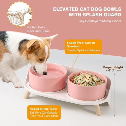 Elevated Ceramic Dog Bowl Set - Double Dog Feeding Bowls with Stand Splash Proof - Raised Dishes for Food and Water - Ideal for Small to Medium Dogs - 2 x 720 ml - 11.3 oz - Pink