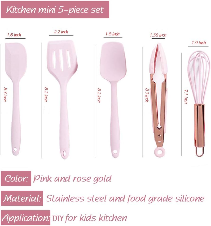 Rose Gold And Pink Kitchen Utensil Small Five-Piece Set Mini Silicone Kids Kitchen Tools Whisk Spatula Tongs Spoon And Slotted Spatula(Kids Baking Supplies)