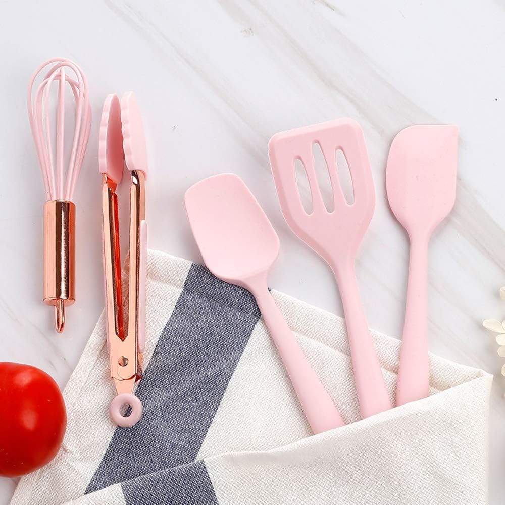 Rose Gold And Pink Kitchen Utensil Small Five-Piece Set Mini Silicone Kids Kitchen Tools Whisk Spatula Tongs Spoon And Slotted Spatula(Kids Baking Supplies)