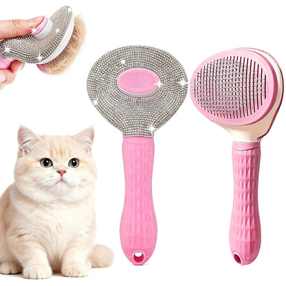 Diamond Rhinestone Cat Hair Brush Deshedding Brush Dog Hair Remover Tool Stainless Steel Comb Slicker Brush with Release Button for Dog Cat Rabbit Shedding Pets Grooming (Pink)