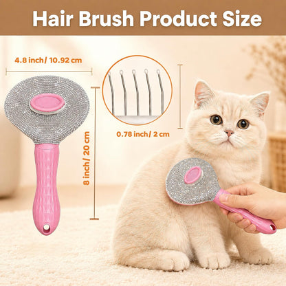 Diamond Rhinestone Cat Hair Brush Deshedding Brush Dog Hair Remover Tool Stainless Steel Comb Slicker Brush with Release Button for Dog Cat Rabbit Shedding Pets Grooming (Pink)