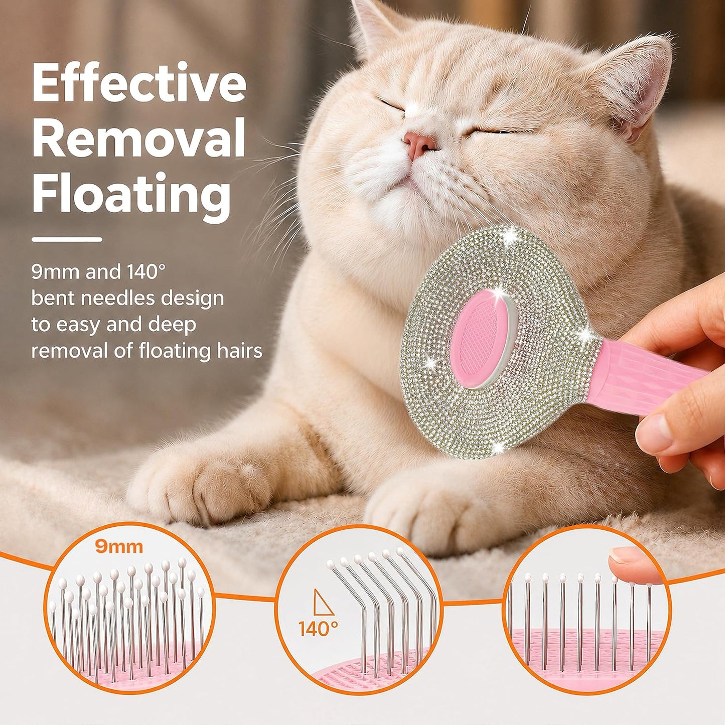 Diamond Rhinestone Cat Hair Brush Deshedding Brush Dog Hair Remover Tool Stainless Steel Comb Slicker Brush with Release Button for Dog Cat Rabbit Shedding Pets Grooming (Pink)