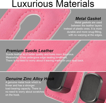 Car Seat Hooks for Headrest, Car Purse Hook & Back Storage Hook, Zinc Alloy & Suede Material Heavy Duty Car Hooks for Purses and Bags,Universal Fit for Most Vehicles (Pink-2 Pack)