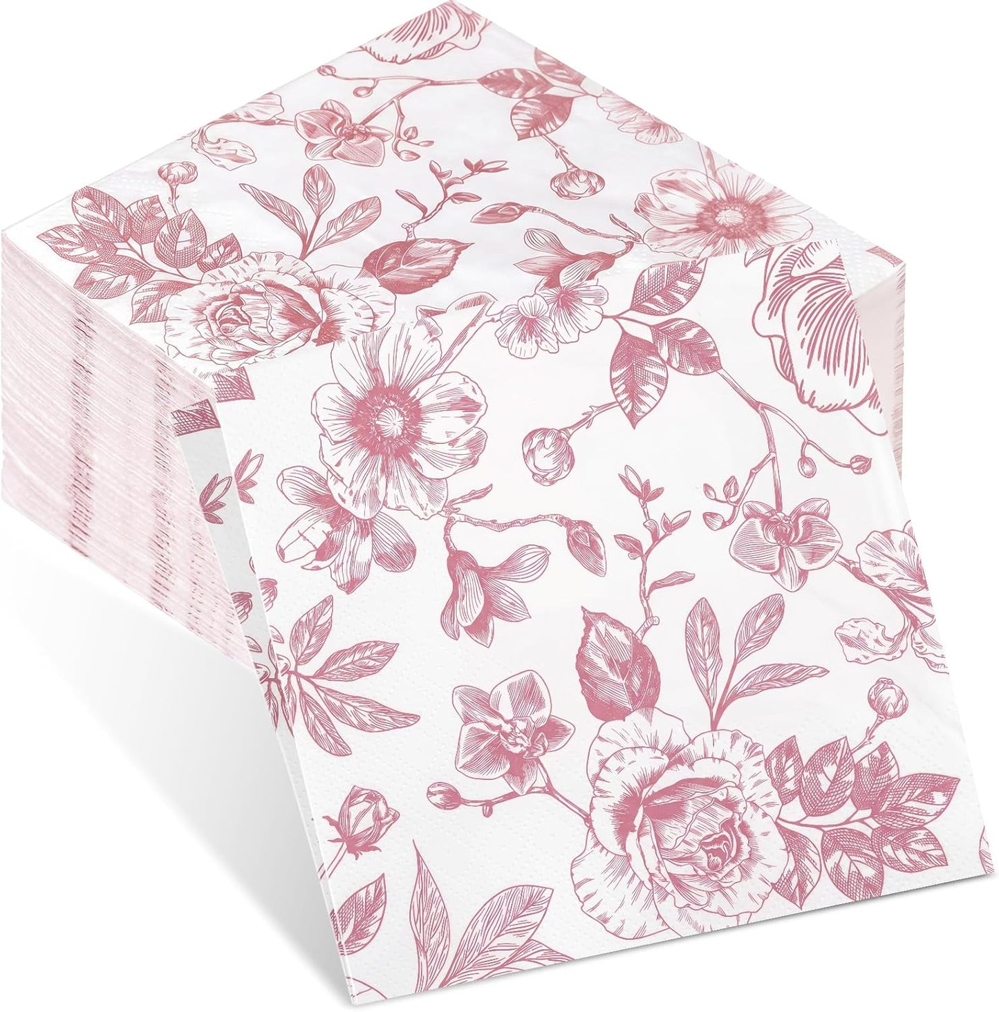 100 Pcs Pink White Floral Cocktail Napkins Disposable Paper Vintage Flowers Dessert Napkin for Flower Wedding Holiday Birthday Party Bridal Baby Shower Tea Party Supplies