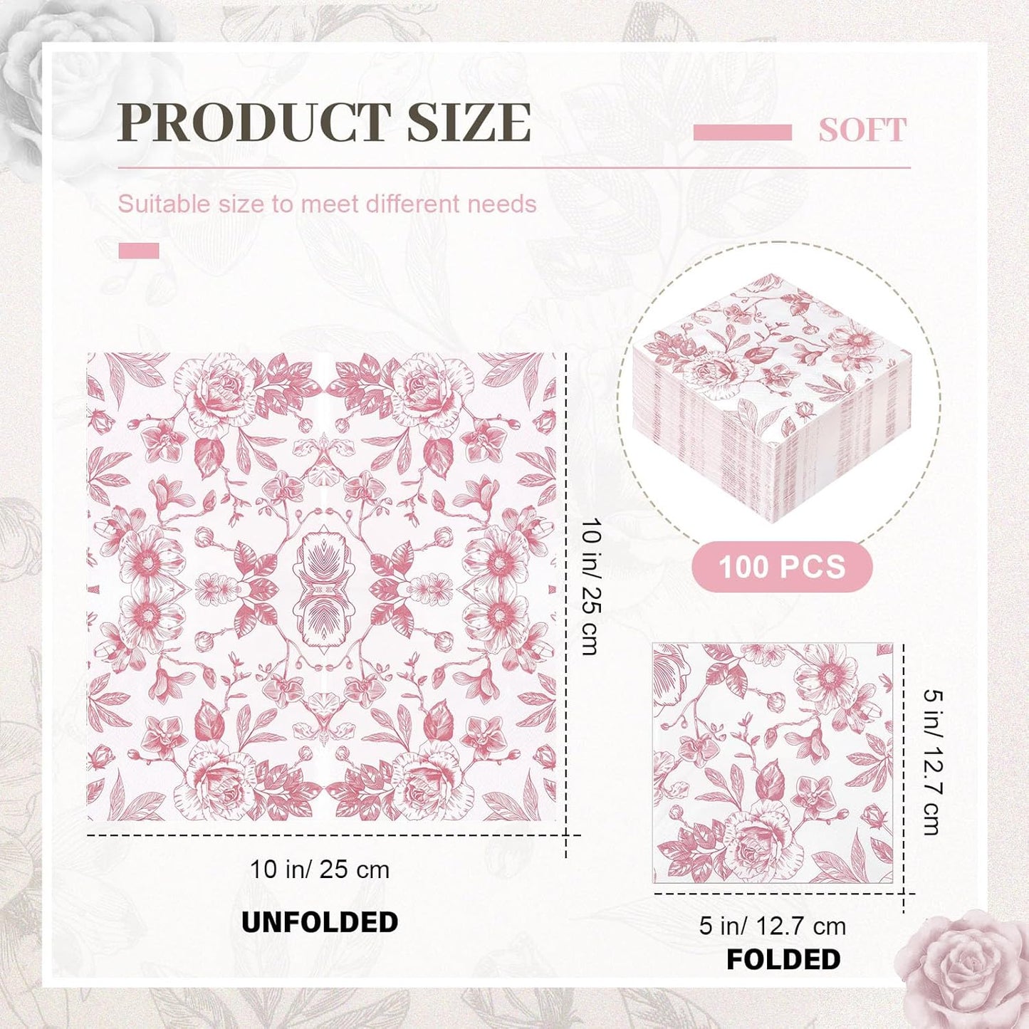 100 Pcs Pink White Floral Cocktail Napkins Disposable Paper Vintage Flowers Dessert Napkin for Flower Wedding Holiday Birthday Party Bridal Baby Shower Tea Party Supplies