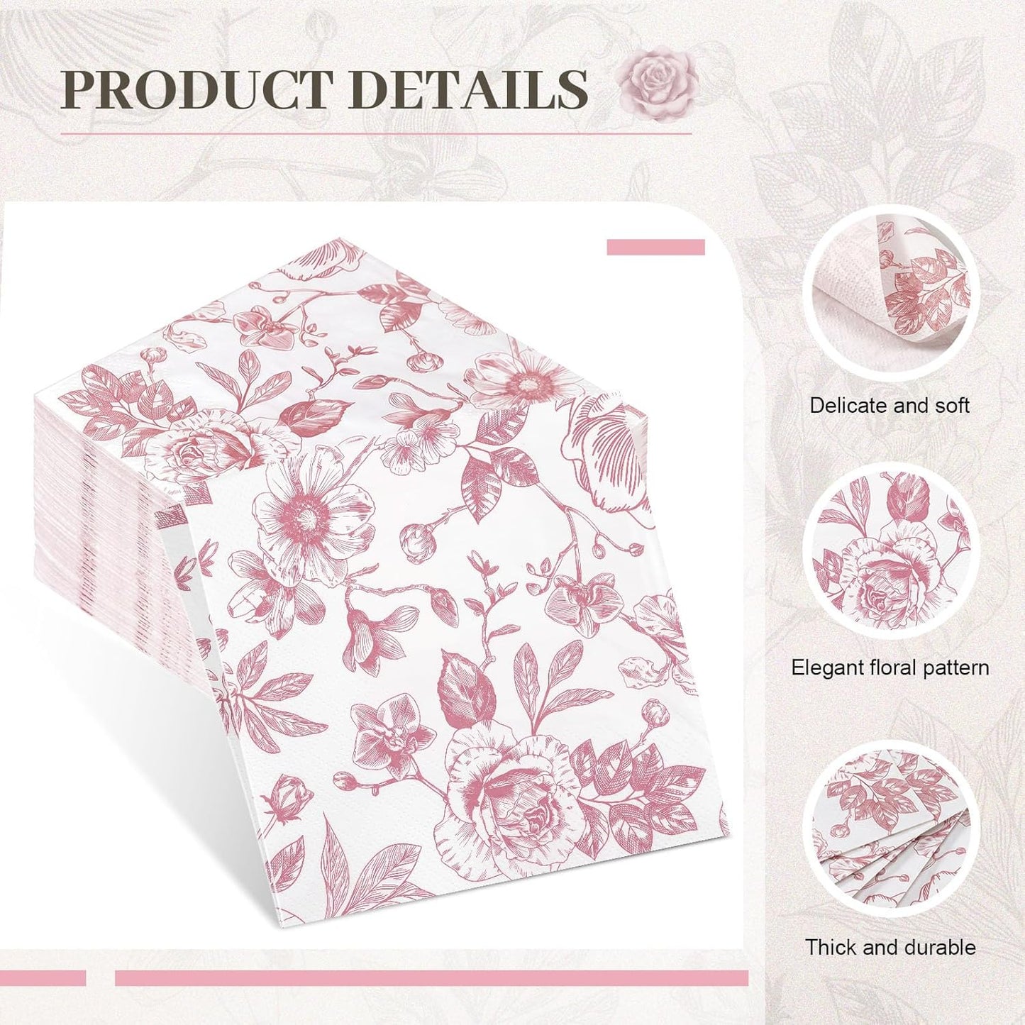 100 Pcs Pink White Floral Cocktail Napkins Disposable Paper Vintage Flowers Dessert Napkin for Flower Wedding Holiday Birthday Party Bridal Baby Shower Tea Party Supplies
