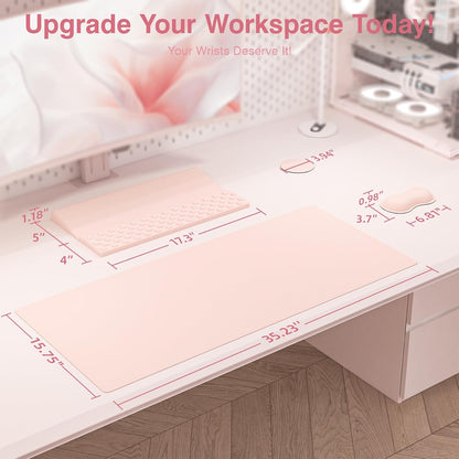 Ospelelf Keyboard Stand Wrist Rest Pad and Ergonomic Mouse Pad Set with Large Mousepad Desk Mat, Memory Foam Comfort, Premium Office Desk Accessories for Pain Relief and Efficiency, Pink