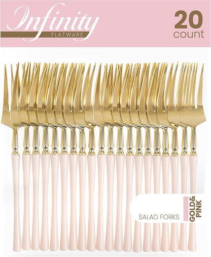 20 Count Gold and Pink Plastic Salad Forks Premium Quality Heavy Duty Disposable Elegant Silverware Two Tone Salad Forks for Party