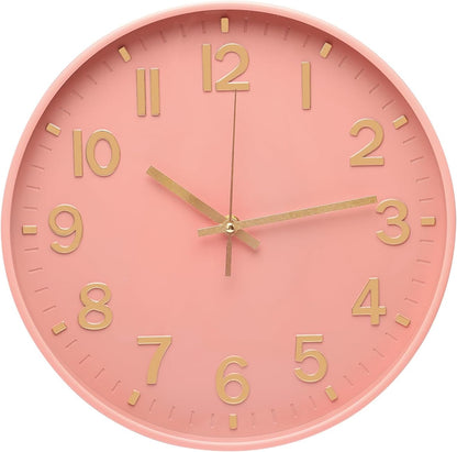 Wall Clock 12 Inch Pink Modern Simple Quartz Decorative Clock Non-Ticking Silent Battery Operated Round Wall Clocks Trendy and Practical Best Gift for Living Room Bedroom Kitchen Office