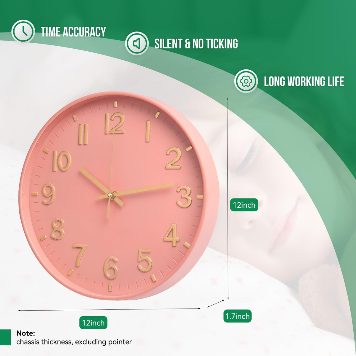 Wall Clock 12 Inch Pink Modern Simple Quartz Decorative Clock Non-Ticking Silent Battery Operated Round Wall Clocks Trendy and Practical Best Gift for Living Room Bedroom Kitchen Office