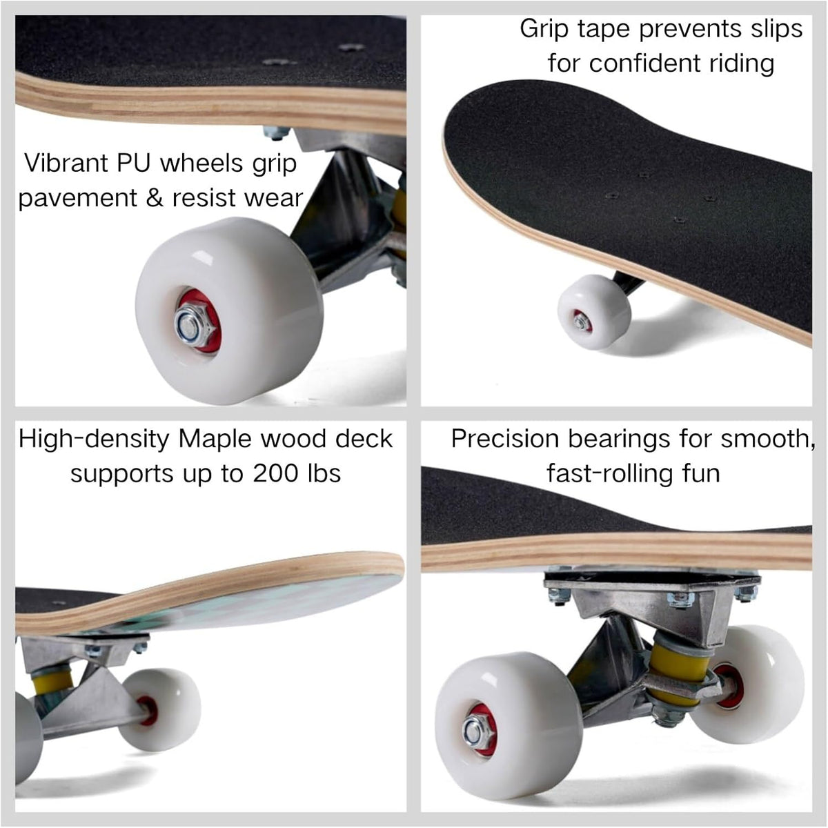 Skateboard for Beginners, Standard Complete Skateboard 31 Inch Double Kick Concave Deck with 7 Layer Maple Wood, Smooth Wheels & Bearings