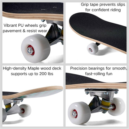 Skateboard for Beginners, Standard Complete Skateboard 31 Inch Double Kick Concave Deck with 7 Layer Maple Wood, Smooth Wheels & Bearings
