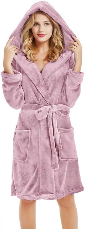 Women Hooded Fleece Robe, Short Plush Robes for Womens With Hood Soft Warm Spa Bathrobe