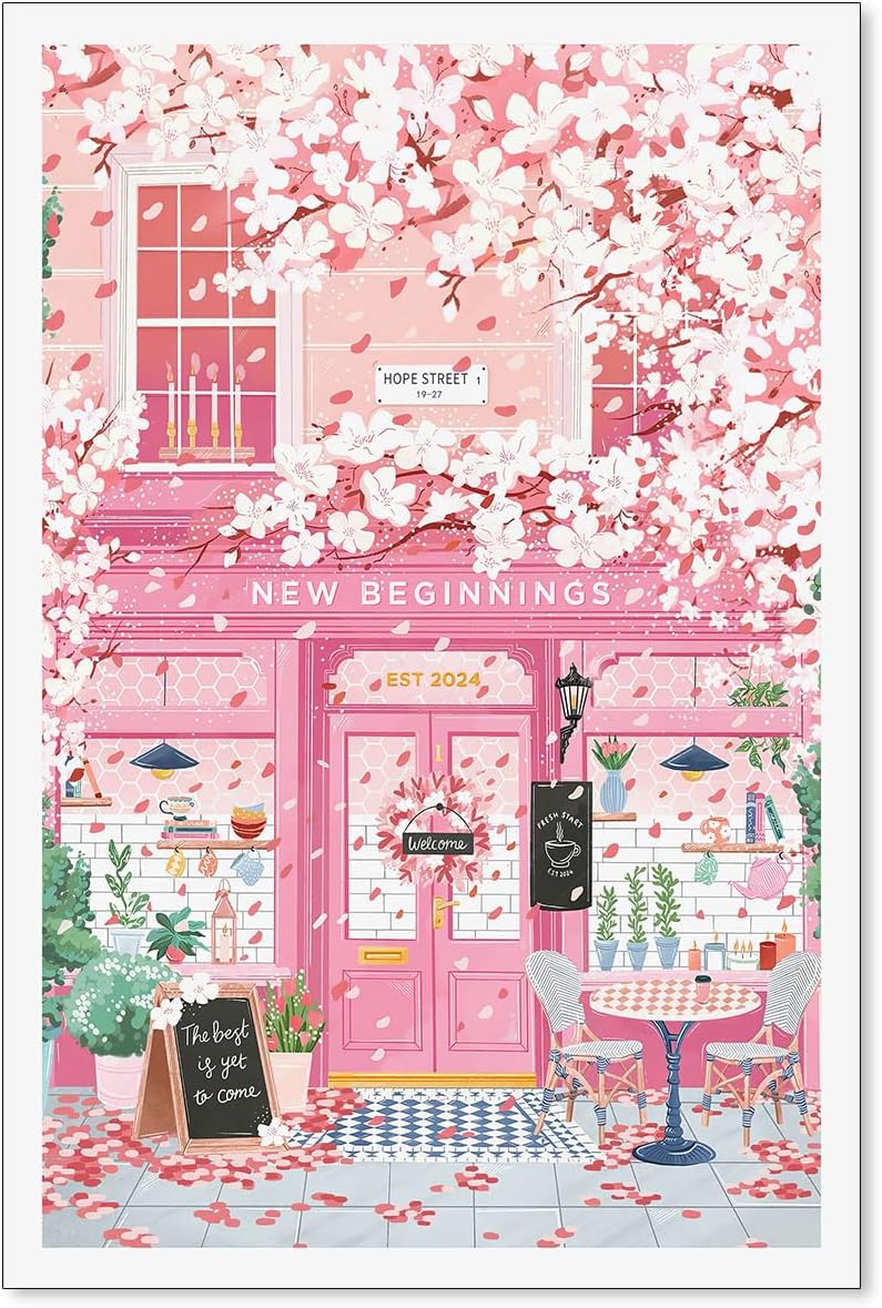 Pink Blossom Cafe Canvas Wall Art Trendy Pink Cherry Flower Poster Funky Pastel Girly Aesthetic Prints for Kitchen Coffee Room 16X24 inch Unframed