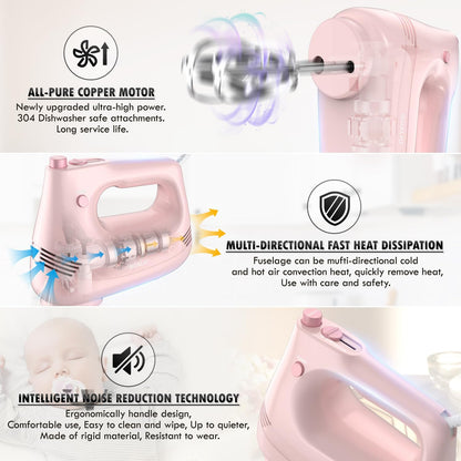 Electric Hand Mixer, 304*(2* Beaters, 2* Dough Hooks), (1* Storage Bag) Handheld Mixer for Baking Cakes, Eggs, Cream Food Mixers, Turbo Boost /5 Speed Kitchen Blender PINK