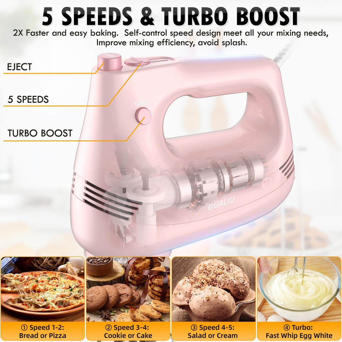Electric Hand Mixer, 304*(2* Beaters, 2* Dough Hooks), (1* Storage Bag) Handheld Mixer for Baking Cakes, Eggs, Cream Food Mixers, Turbo Boost /5 Speed Kitchen Blender PINK