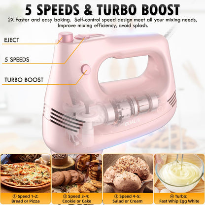 Electric Hand Mixer, 304*(2* Beaters, 2* Dough Hooks), (1* Storage Bag) Handheld Mixer for Baking Cakes, Eggs, Cream Food Mixers, Turbo Boost /5 Speed Kitchen Blender PINK