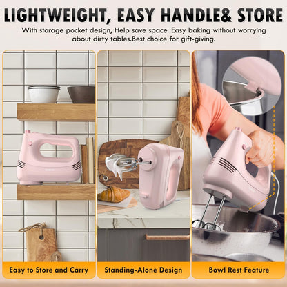 Electric Hand Mixer, 304*(2* Beaters, 2* Dough Hooks), (1* Storage Bag) Handheld Mixer for Baking Cakes, Eggs, Cream Food Mixers, Turbo Boost /5 Speed Kitchen Blender PINK