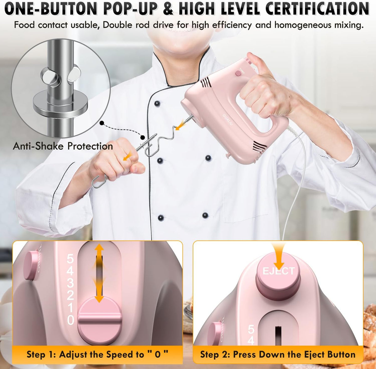 Electric Hand Mixer, 304*(2* Beaters, 2* Dough Hooks), (1* Storage Bag) Handheld Mixer for Baking Cakes, Eggs, Cream Food Mixers, Turbo Boost /5 Speed Kitchen Blender PINK