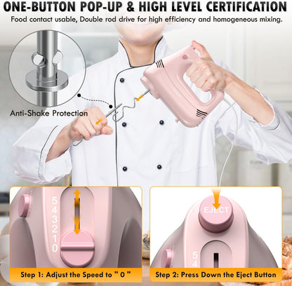 Electric Hand Mixer, 304*(2* Beaters, 2* Dough Hooks), (1* Storage Bag) Handheld Mixer for Baking Cakes, Eggs, Cream Food Mixers, Turbo Boost /5 Speed Kitchen Blender PINK