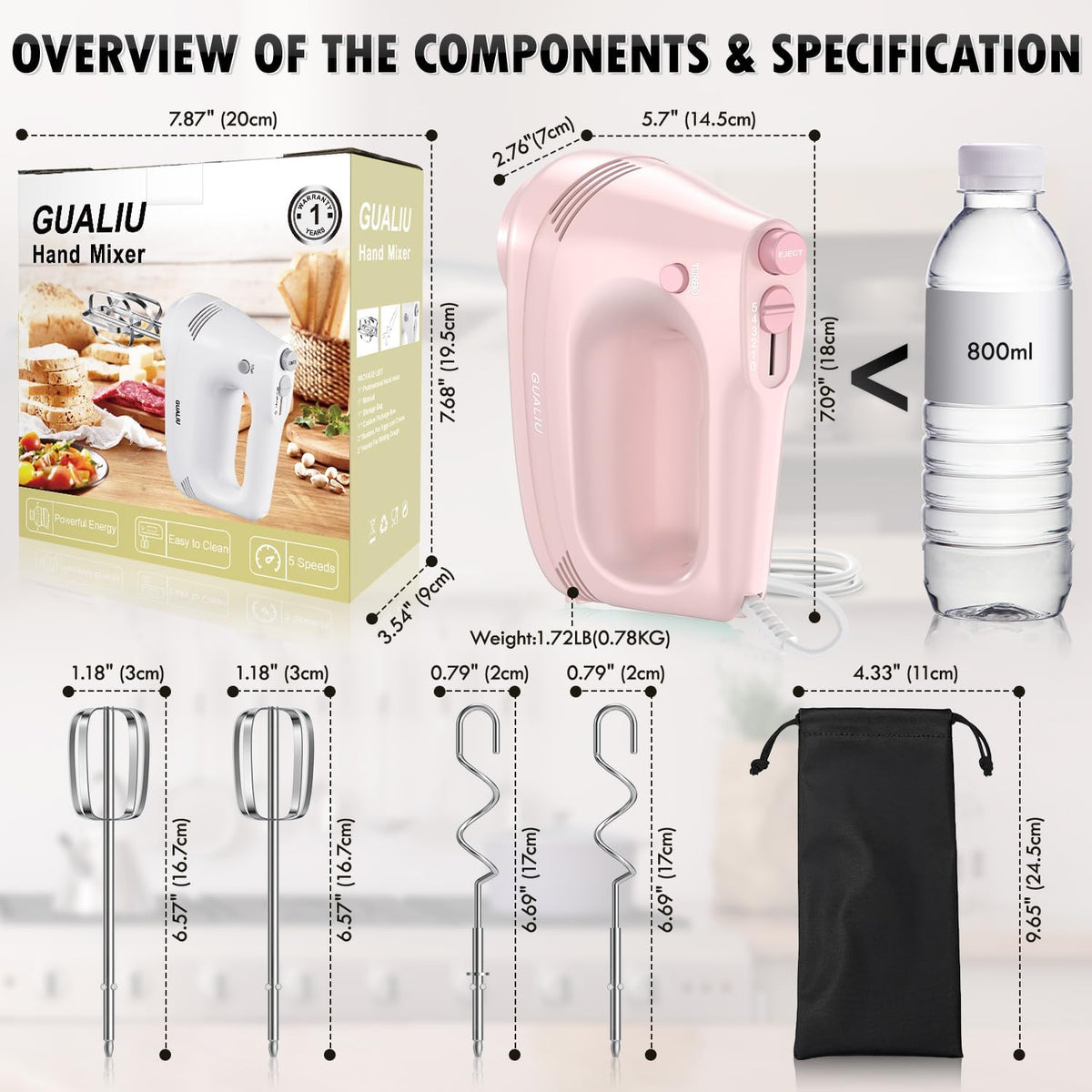 Electric Hand Mixer, 304*(2* Beaters, 2* Dough Hooks), (1* Storage Bag) Handheld Mixer for Baking Cakes, Eggs, Cream Food Mixers, Turbo Boost /5 Speed Kitchen Blender PINK