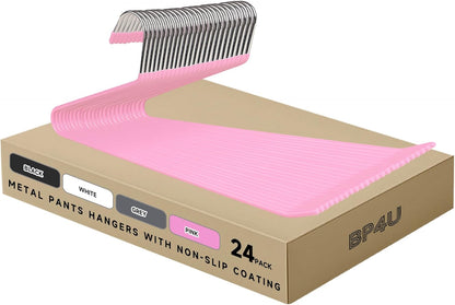 Metal Pants Hangers with Non-Slip Coating, Pink, 24-Pack