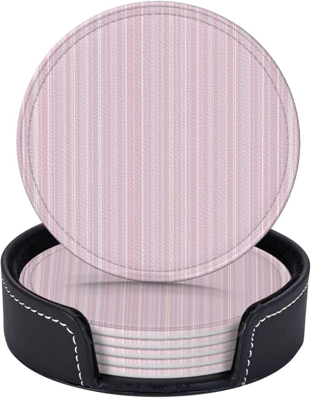 Pastel Light Pink Thin Stripes Pattern Premium Leather Coasters, Set of 6 with Holder, Stylish Beverage Coasters for Kitchen Coffee Bar