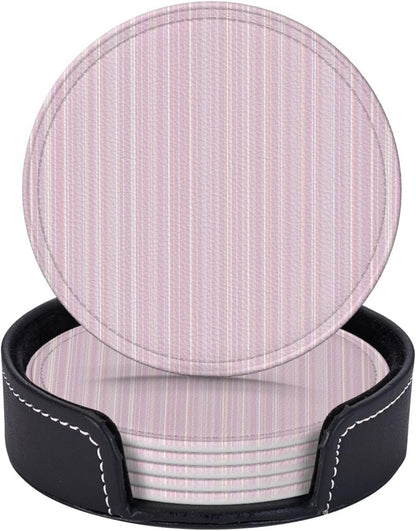 Pastel Light Pink Thin Stripes Pattern Premium Leather Coasters, Set of 6 with Holder, Stylish Beverage Coasters for Kitchen Coffee Bar