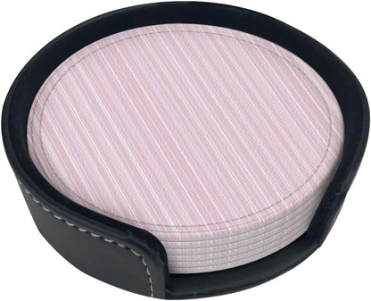 Pastel Light Pink Thin Stripes Pattern Premium Leather Coasters, Set of 6 with Holder, Stylish Beverage Coasters for Kitchen Coffee Bar