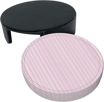 Pastel Light Pink Thin Stripes Pattern Premium Leather Coasters, Set of 6 with Holder, Stylish Beverage Coasters for Kitchen Coffee Bar