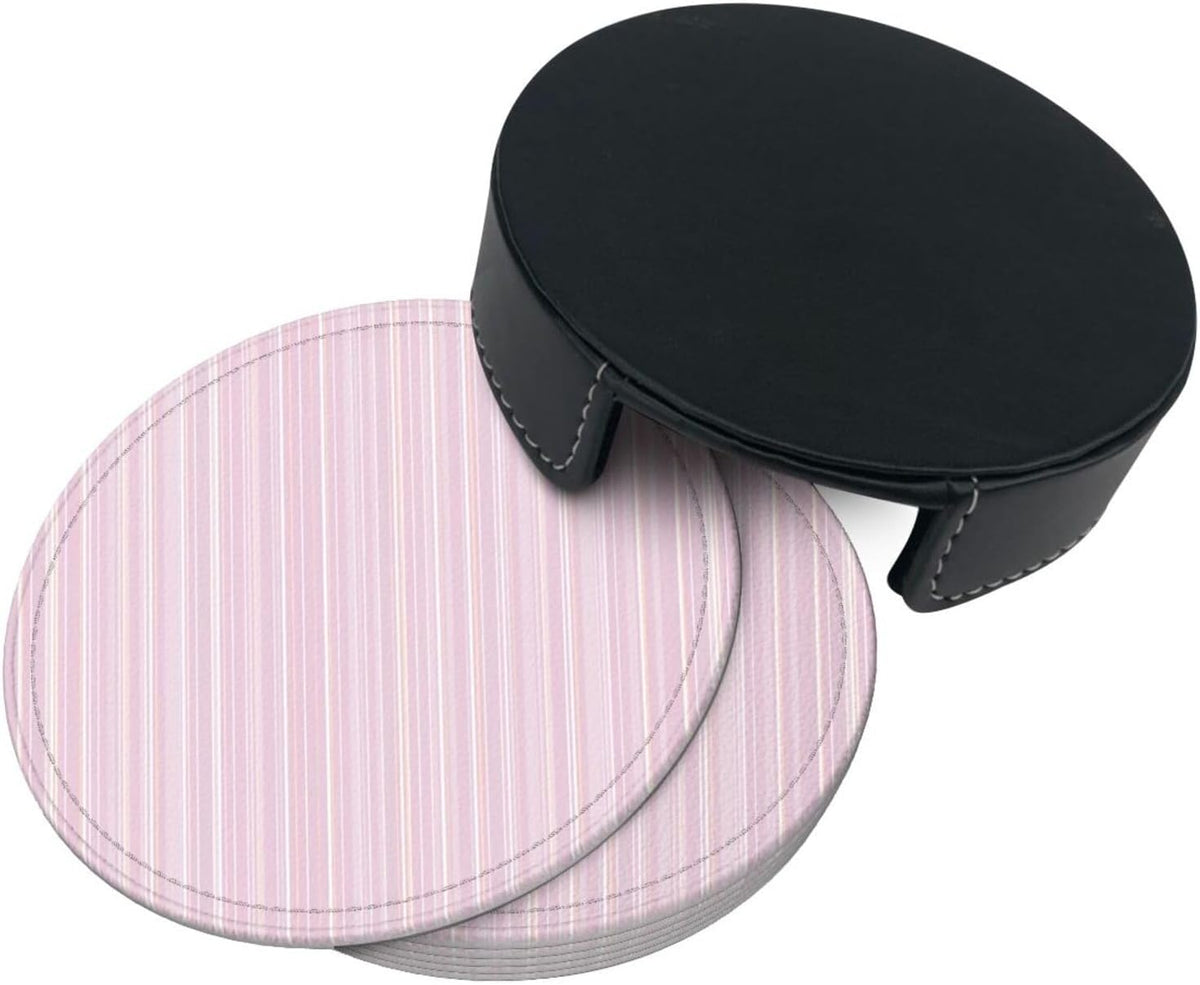 Pastel Light Pink Thin Stripes Pattern Premium Leather Coasters, Set of 6 with Holder, Stylish Beverage Coasters for Kitchen Coffee Bar