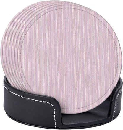 Pastel Light Pink Thin Stripes Pattern Premium Leather Coasters, Set of 6 with Holder, Stylish Beverage Coasters for Kitchen Coffee Bar