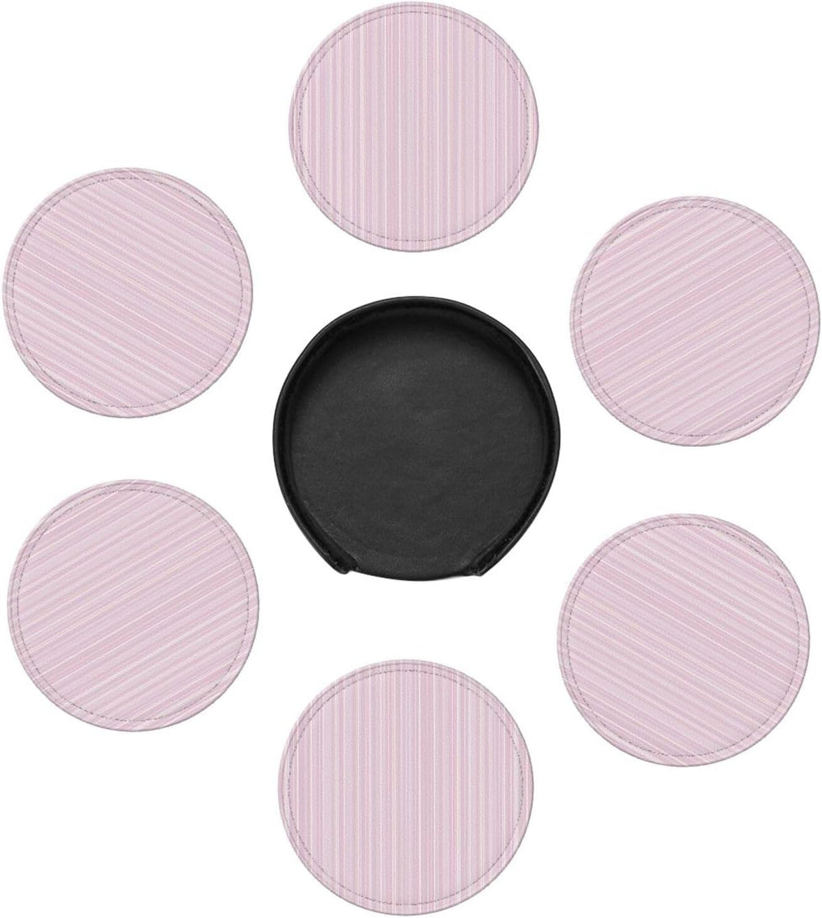 Pastel Light Pink Thin Stripes Pattern Premium Leather Coasters, Set of 6 with Holder, Stylish Beverage Coasters for Kitchen Coffee Bar