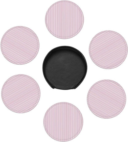 Pastel Light Pink Thin Stripes Pattern Premium Leather Coasters, Set of 6 with Holder, Stylish Beverage Coasters for Kitchen Coffee Bar