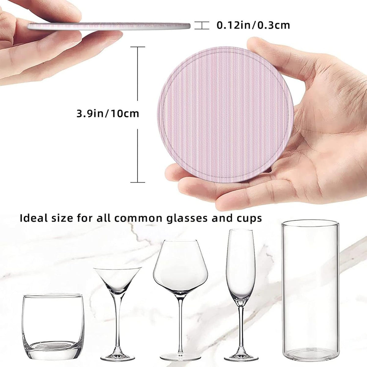 Pastel Light Pink Thin Stripes Pattern Premium Leather Coasters, Set of 6 with Holder, Stylish Beverage Coasters for Kitchen Coffee Bar