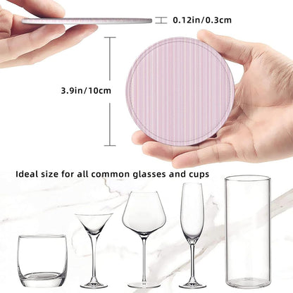 Pastel Light Pink Thin Stripes Pattern Premium Leather Coasters, Set of 6 with Holder, Stylish Beverage Coasters for Kitchen Coffee Bar