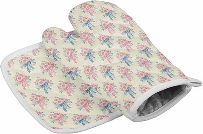 Oven Mitts and Pot Holder Set for Kitchen, Pink Rose Bouquet Blue Bow Vintage Light Yellow 12 Inch Heat Insulation Ovengloves with Non-Slip Hot Pads for Grilling Baking Cooking BBQ, 2 pcs