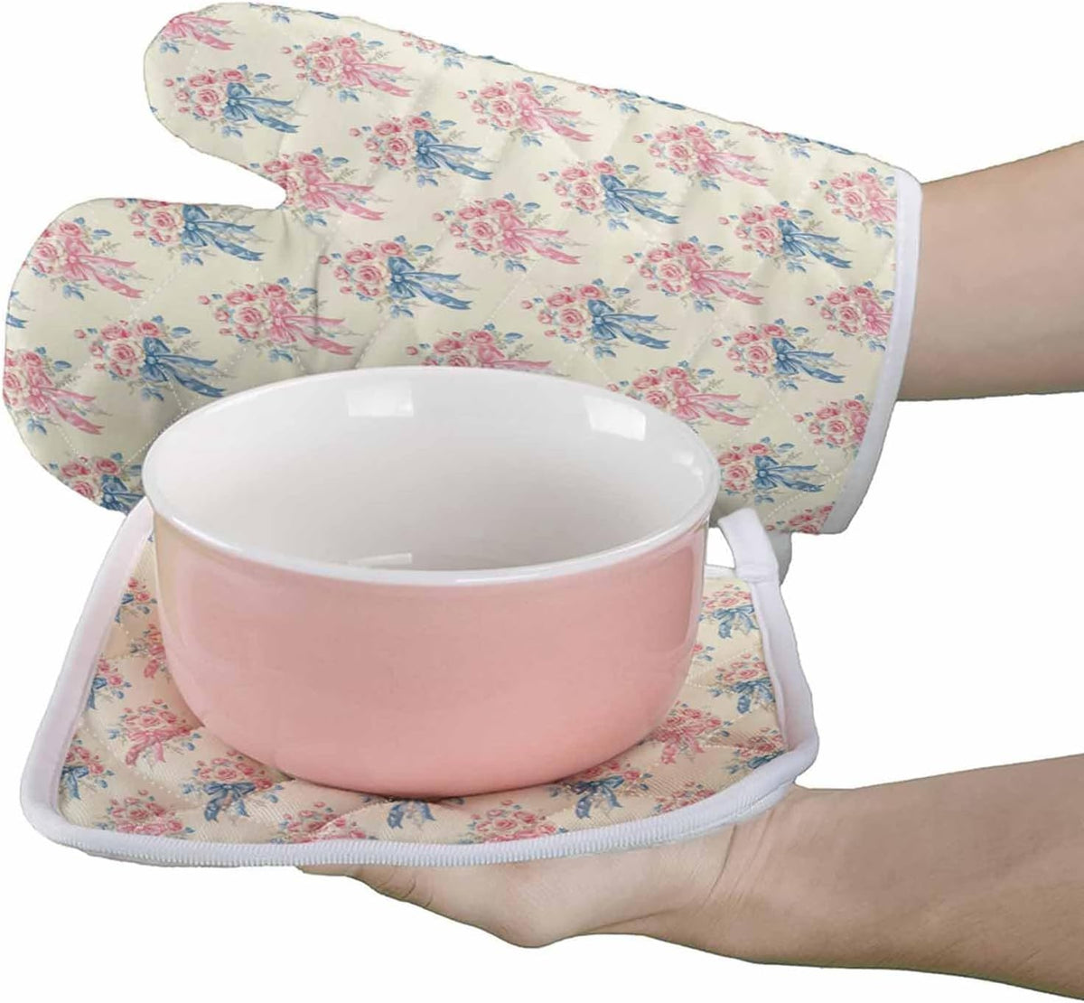 Oven Mitts and Pot Holder Set for Kitchen, Pink Rose Bouquet Blue Bow Vintage Light Yellow 12 Inch Heat Insulation Ovengloves with Non-Slip Hot Pads for Grilling Baking Cooking BBQ, 2 pcs