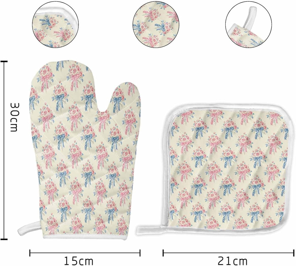 Oven Mitts and Pot Holder Set for Kitchen, Pink Rose Bouquet Blue Bow Vintage Light Yellow 12 Inch Heat Insulation Ovengloves with Non-Slip Hot Pads for Grilling Baking Cooking BBQ, 2 pcs