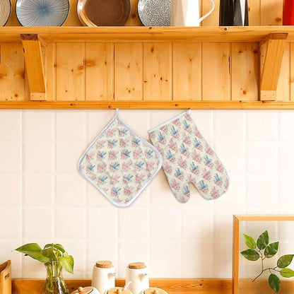 Oven Mitts and Pot Holder Set for Kitchen, Pink Rose Bouquet Blue Bow Vintage Light Yellow 12 Inch Heat Insulation Ovengloves with Non-Slip Hot Pads for Grilling Baking Cooking BBQ, 2 pcs