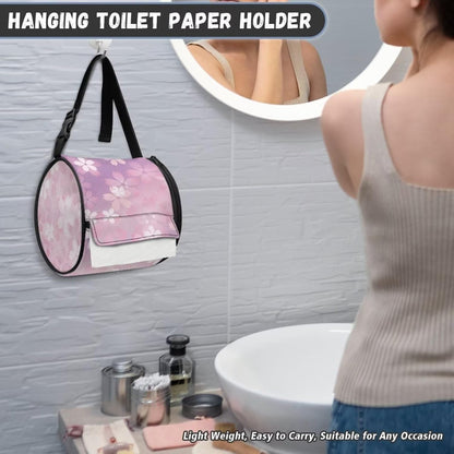 Pink Bathroom Hanging Toilet Paper Tissue Holder Wall Mounted Tissue Towel Roll Holder with Adjustable Strap Easy Installation,Cherry Blossom