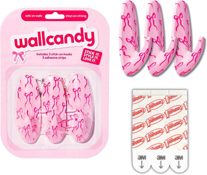 Adhesive Wall Hanging Hooks | Pack of 3 Cute Print Wall Hooks with Heavy Duty Stick-On Strips that Hold Up to 3lbs, Easy to Install Hanging Hook for Walls (Pink Bow)